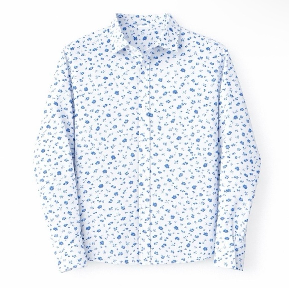 Denim & Flower Long Sleeve Button Down Men’s Large White w Navy & Royal Floral - Picture 2 of 5